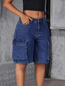 SHEIN Unity Women's Loose Utility Pocket Denim Shorts - Dark Wash - View 4