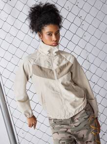 SHEIN Sports Women's Color Block Splice Casual Sports Jacket - Apricot - View 1