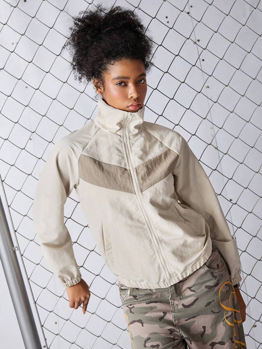 SHEIN Sports Women's Color Block Splice Casual Sports Jacket - Apricot - View 1