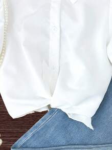 2Pcs Big Girl White Short Sleeve Polo Collar Cherry Print Shirt + Drooping Sense Tencel Denim Long Pants Set, Casual Commuting School Style - White - View 4