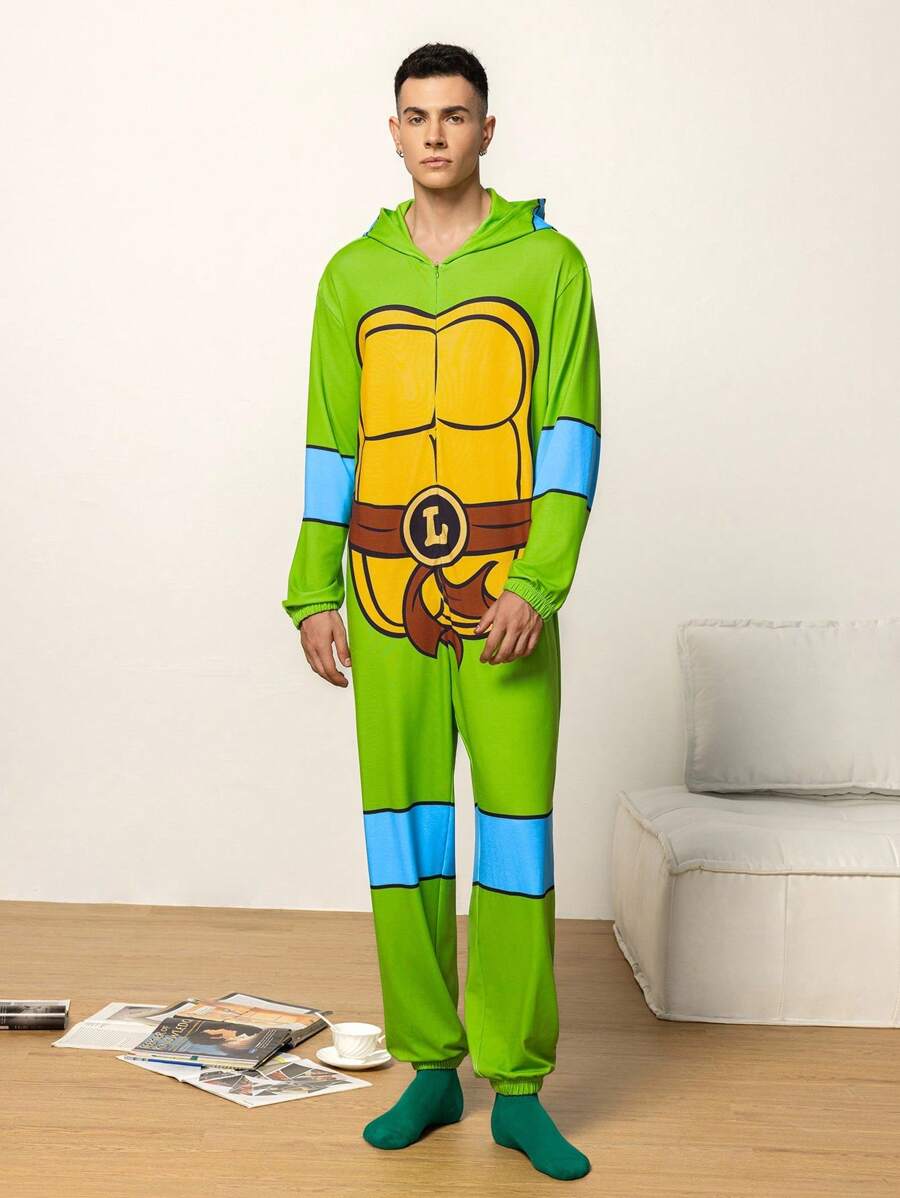 TEENAGE MUTANT NINJA TURTLES | SHEIN Men's Cartoon Pattern Hooded Long Sleeve Loungewear Jumpsuit, Fall