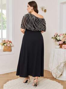 Modelyn 大码女式斜肩条纹拼布修身紧身迷你连衣裙 - 銀色 - 查看 2