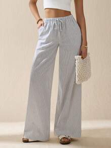 SHEIN Tall Women's Casual Summer Outfits Drawstring Waist Striped Long Pants For Daily Wear,Fall Women Clothes - White - View 1