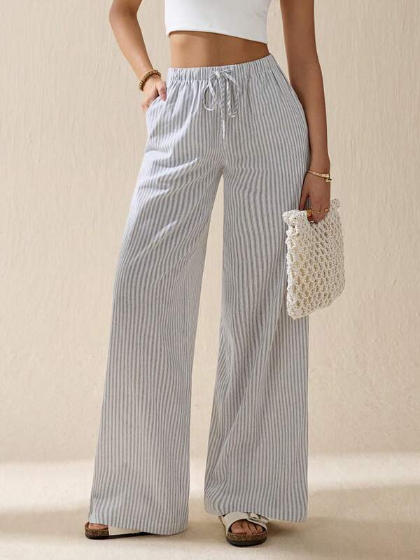 SHEIN Tall Pantalones largos de rayas con cintura de cordón para uso diario, atuendos de mujer de verano casuales