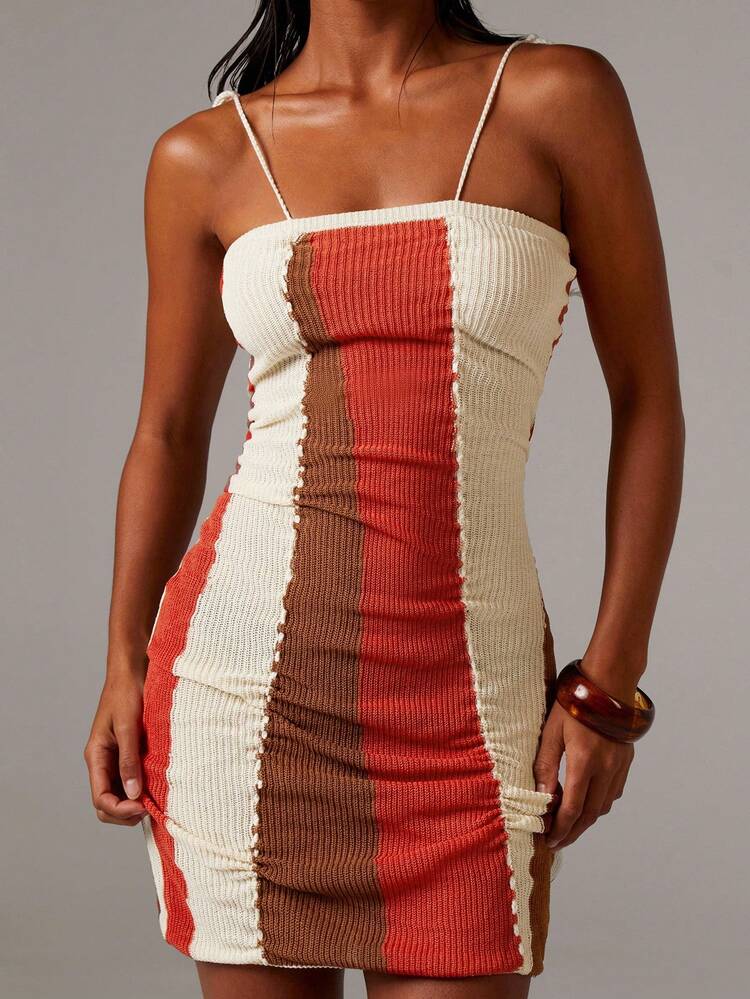 Athîral 女士撞色褶饰紧身吊带迷你针织连衣裙 - 彩色 - 查看 4