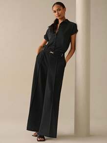 Lilora Camicia a maniche corte da donna di colore unito, alla moda per bluse da donna estive, camicia nera elegante per uscire, adatta per uscite urbane ed eleganti, per uso quotidiano e feste, adatta per l'estate e la primavera per le signore