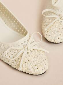 Rosivie Women Shoes Women's Flat Shoes Round Toe Silver Bow French Mary Jane Breathable Woven Hollow Buckle Strap Retro Casual Outdoor Shoes - Apricot - View 7