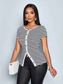 SOLERSUN Women's Elegant Striped Print Round Neck Front Button Short Sleeve T-Shirt (Random Floral) - Black - View 5