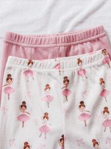 SHEIN 4 件套女婴休闲可爱芭蕾女孩图案粉色 2 件长袖上衣 + 2 件裤子套装，秋冬 - 彩色 - 查看 6