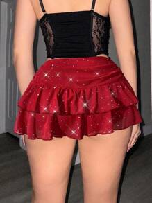 Sweetina 超低腰褶饰系带高开衩分层闪光网眼迷你裙 - 紅色 - 查看 2