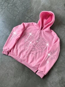 Manfinity EMRG 男士时尚街头 INS 风格水钻镶嵌蜘蛛网和心形图案休闲套头连帽衫，男友/丈夫礼物，周年纪念礼物，粉色 - 粉色 - 查看 4