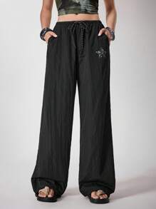 Umamao Estudio Black Lightweight Sporty Star Graphic Streetwear Style Women's Casual Loose Pants Suitable For Fall Winter Music Festival Rave For Women Pants And Top Women's Summer Pants Y2K 2000s Back To School Club Outfits Women Sexy - Black - View 3