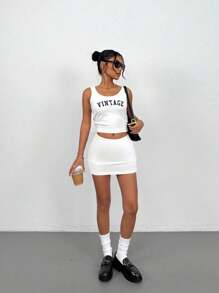 SHEIN PETITE 女士性感纯色紧身迷你裙，夏季 - 白色 - 查看 3