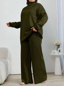 EURMUSE 2pcs High Neck Drop Shoulder Sweater And Ribbed Solid Color Sweater Pants - Army Green - View 3