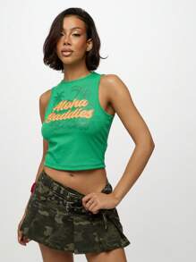 SUMWON WOMEN Aloha Buddies Tropical Print Ribbed Tank Top Sleeveless Crop Summer Vacation Beach Hawaiian Palm Tree Y2K Streetwear Top - Green - View 5