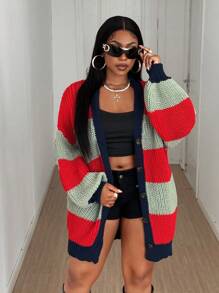 Maweii 大码女式拼色条纹格子休闲针织开衫 - 紅色 - 查看 2