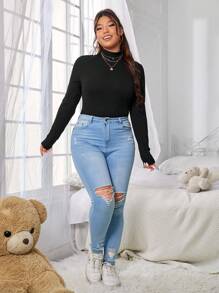 SHEIN PETITE CURVE 大码圆领纯色罗纹长袖休闲立领T恤 - 黑色 - 查看 5