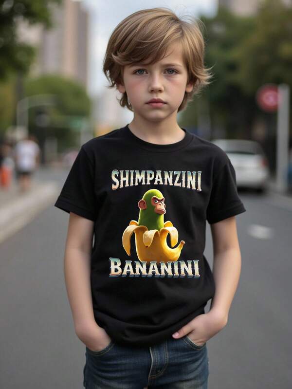 Tricou casual negru cu guler rotund pentru băieți, cu imprimeu amuzant de maimuță și banană