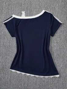 1 件青少年女孩美式短袖修身拼接印花撞色蕾丝花边 T 恤，夏季 - 彩色 - 查看 2