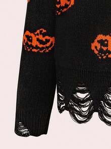 EMERY ROSE Pulover scurt supradimensionat de Halloween, mărime plus, cu design la margini zdrențuite, model de dovleac care adaugă o notă de mister hainei - Multicolor - Vizualizare 6