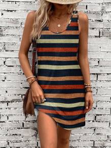 EMERY ROSE 女士休闲简约抽象彩色条纹印花连衣裙，适合夏季度假 - 彩色 - 查看 3