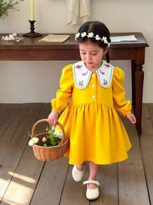 Young Girls' Spring/Summer Embroidery Ruffle Collar Puff Sleeve Design Dress, Suitable For School, Daily Wear And Vacation