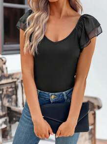 SHEIN LUNE Camiseta de manga corta y cuello redondo de mujer, negra, acanalada y de uso versátil para el verano - Negro - Ver 3