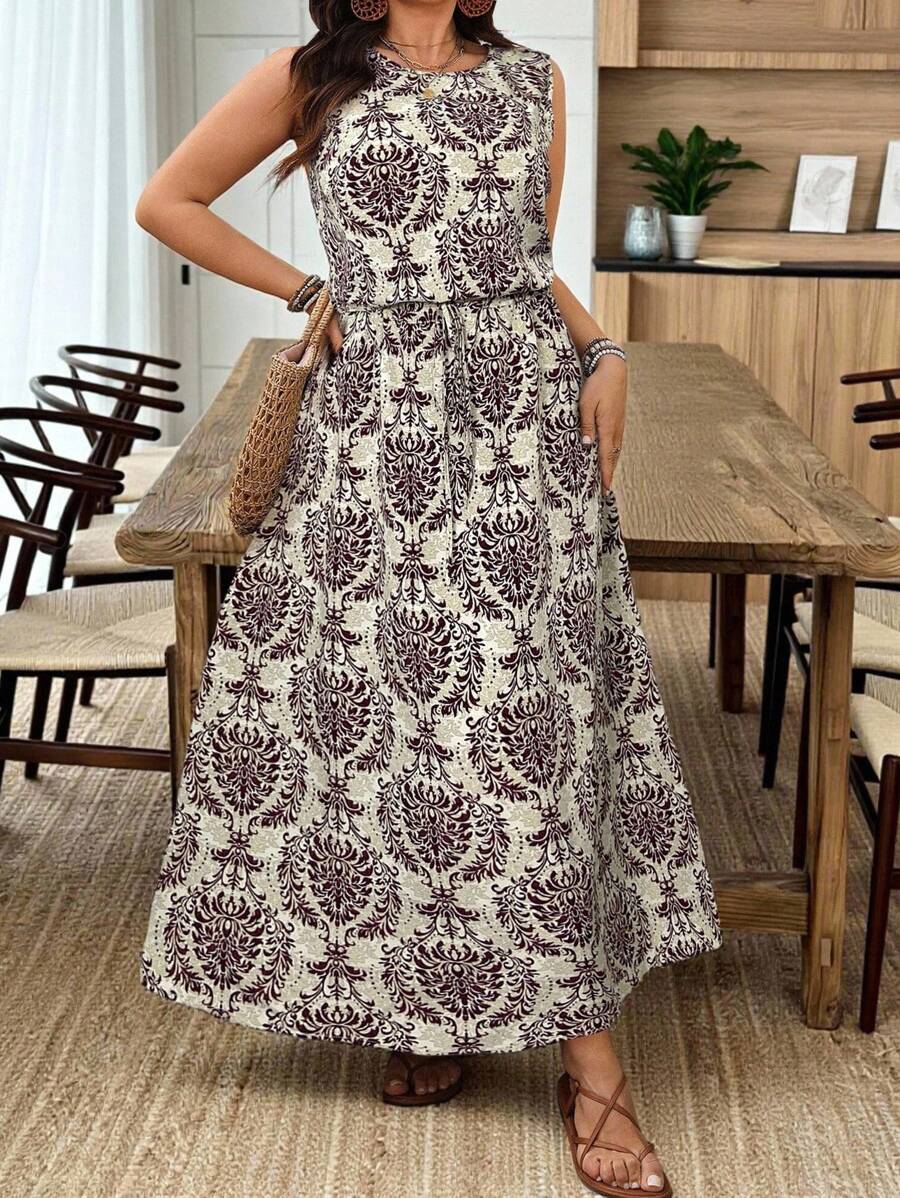 Breezaya 大码女式无袖圆领抽绳黑色杏色长裙，清凉舒压连衣裙，优雅时尚女式休闲连衣裙，女士夏季服装，圣帕特里克节，狂欢装，节日，春假，波西米亚风 - 彩色 - 查看 1