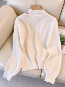 SHEIN Women Casual Minimalist Solid Color Asymmetrical Keyhole Neck Pullover Sweater, Autumn/Winter Knit Pullover Fall - Beige - View 2