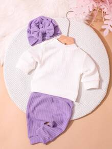 SHEIN Newborn HELLO Letter Embroidered Outfit Set, Infant Tops, Bottoms, Hat, Baby Photography Clothes For 1 Month To 100 Days Old, Unisex Fall Winter - Multicolor - View 4