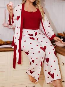 SHEIN 甜心印花睡衣套装，舒适时尚撞色睡袍套装，时尚风格，加大码，秋季服装，舒适装扮