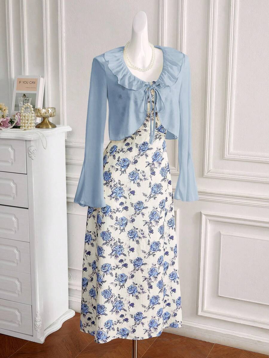 Modelyn 女士优雅纯色喇叭袖上衣，荷叶边饰边，前下摆系带，花朵印花长款吊带连衣裙 2 件套，适合春夏季 2 件套 - 藍色 - 查看 1