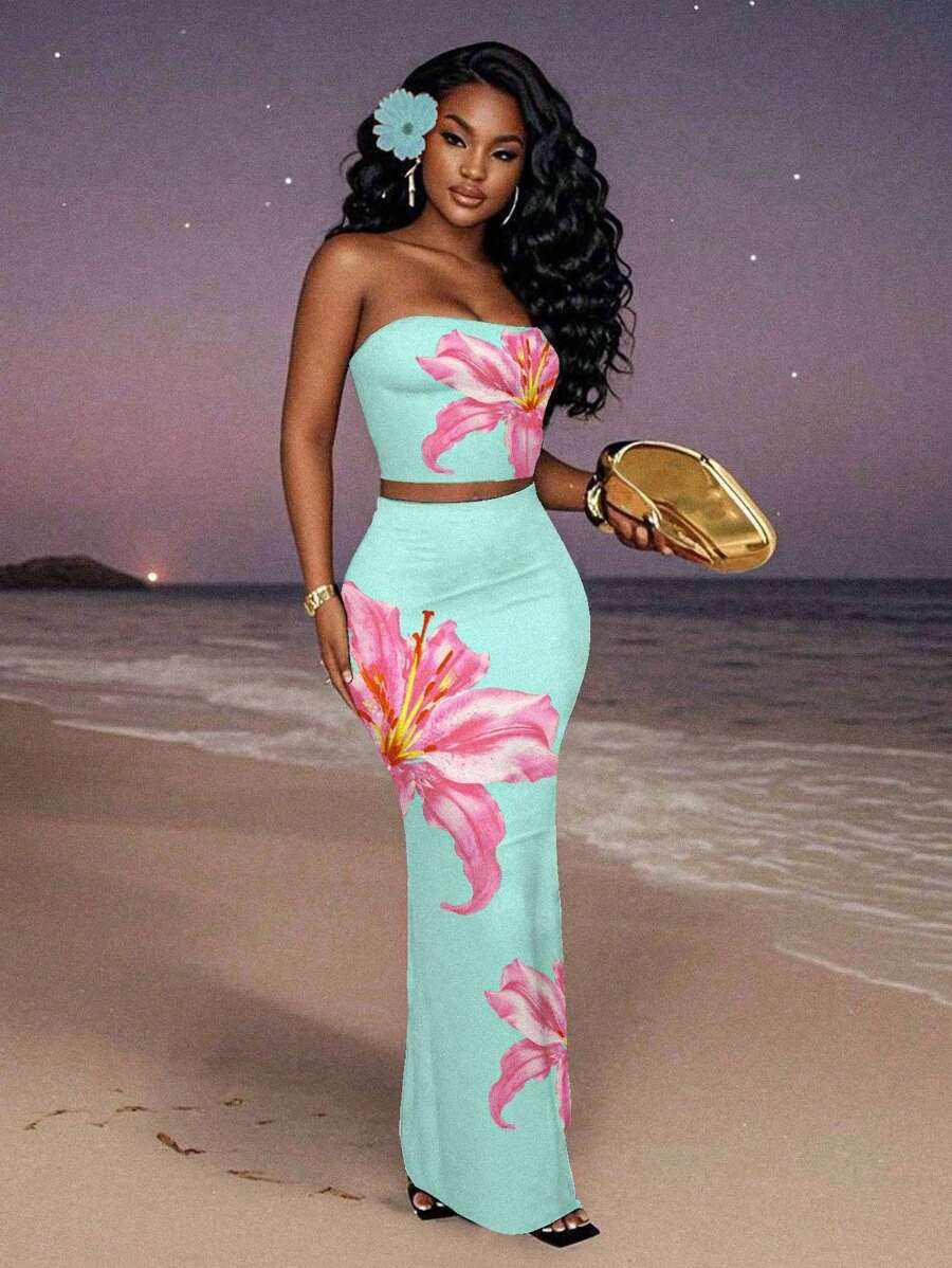 Slaydiva 2 件薄荷绿花卉印花背心和裙子套装，休闲简约，适合度假、派对和乡村，2025 年春夏