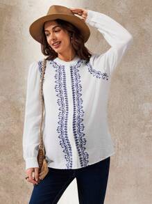 Boho Mama Damen elegante Bluse mit Blume Muster und Puffärmeln, Einzelreiher, Bohemien Vintage Muster, weiße Langarmbluse, Boho Stil Damen Bluse, Langarmbluse, Herbst Damen Bluse - Blau-Weiß - Übersicht 6