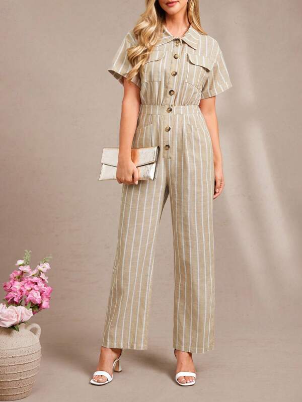 Amorya Summer Elegant Women's Khaki Color Woven Striped Cotton Linen Striped Lapel Button Open Waist Long Short Sleeved Jumpsuit