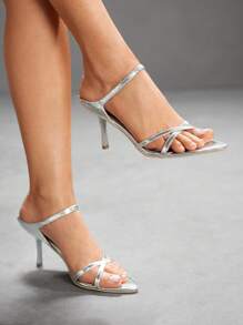 CUCCOO BIZCHIC 女士银色金属格子 PU 绑带时尚性感尖头细高跟凉鞋 - 銀色 - 查看 5