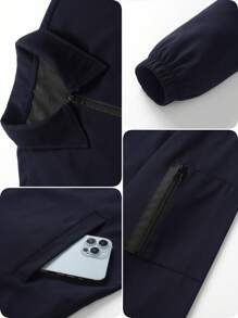 Manfinity Homme Men's Casual Solid Color Arm Zipper Pocket Lightweight Jacket,Navy Blue,Autumn,Smart Casual,Hiking,Fall Long Sleeve Zip Up Coffee Brown Tops For Men - Navy Blue - View 3