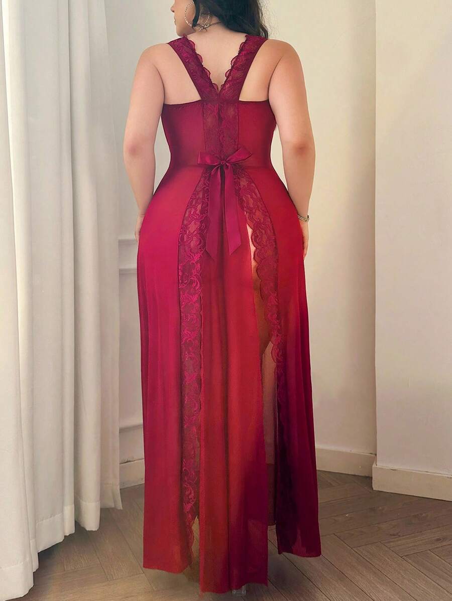 SHEIN 2 件套：大码女式性感蕾丝边网眼蝴蝶结露背娃娃睡衣配丁字裤 - 酒紅色 - 查看 1