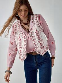 Florisole 休闲度假风条纹腰果花印花衬衫，春秋季女装，点缀一抹红色。 - 紅色 - 查看 6