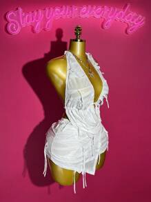 Slaydiva 2025 New Summer Birthday Party, Back-To-School, Student Daily, Casual, Vacation, Cruise, Beach, Sundress Sexy Open Back Tie-Up Women 2-Piece Set With Asymmetrical Hem Skirt/Shorts, Tassel Distressed Fabric Y2k - White - View 6