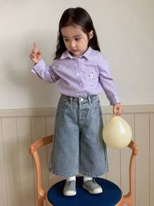 Hapijoa 女宝宝水洗蝴蝶刺绣韩版宽松直筒牛仔裤，幼儿秋装 - 藍色 - 查看 3