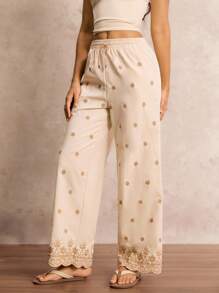 Easelle 女式刺绣阔腿裤 - 米色 - 查看 9