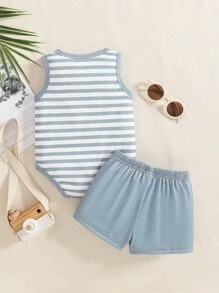 SHEIN 2件套新生男婴可爱条纹服装套装，春夏 - 灰色 - 查看 2