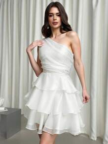 Firerie Váy ngắn lệch vai bằng vải tuyn Pompom nhiều lớp phong cách cổ tích lãng mạn thanh lịch, thích hợp cho các bữa tiệc và sự kiện, mùa hè - trắng - Xem 3