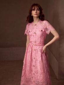 MOTF PREMIUM GUIPURE LACE BELTED DRESS - Pink - View 5
