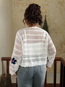 SHEIN VCAY Plus Size Vacation Casual 3D Floral Decor Hollow Front Tie Women Knitted Cardigan Sweater, For Autumn