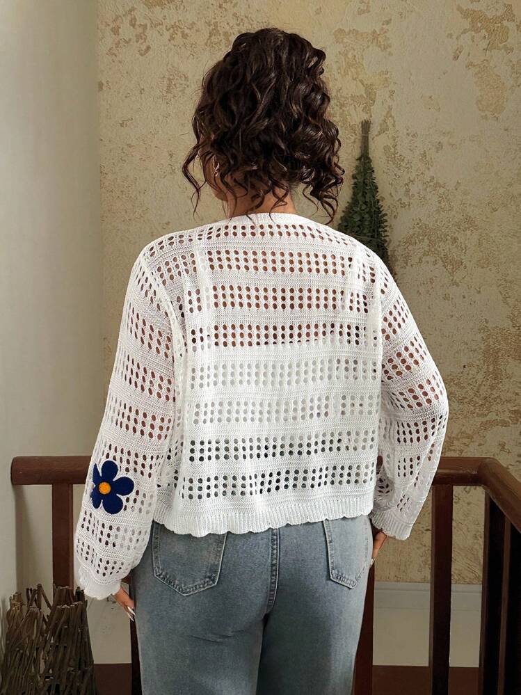 SHEIN VCAY 大码度假休闲3D花卉装饰镂空前系带女式针织开衫，适合秋季 - 白色 - 查看 2