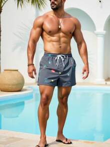 Manfinity Swimmode Shorts casuales de hombre con cintura con cordón y estampado para la playa