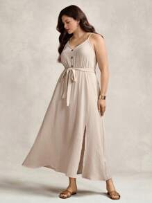 Zelara Plus Size Women's Apricot Textured Fabric Side Split Long Dress Comfortable Cotton Navycore Outfits - Apricot - View 2