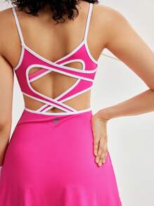 SHEIN Sovereign Charm Mono de tirantes con correas cruzadas y contraste de colores para mujer - Rosa Fucsia - Ver 1